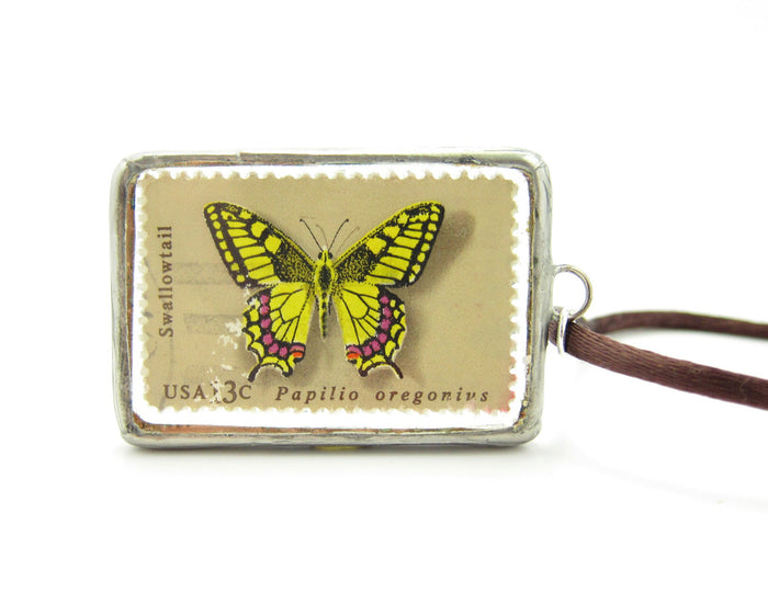 Butterfly Postage Stamp Soldered Pendant Necklace
