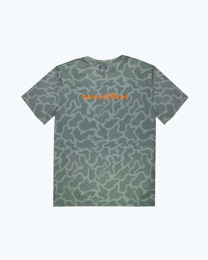 Camo Polyester Butterfly Tech Tee - Front View, Orange Benchmade Wordmark | Benchmade Knife Co.