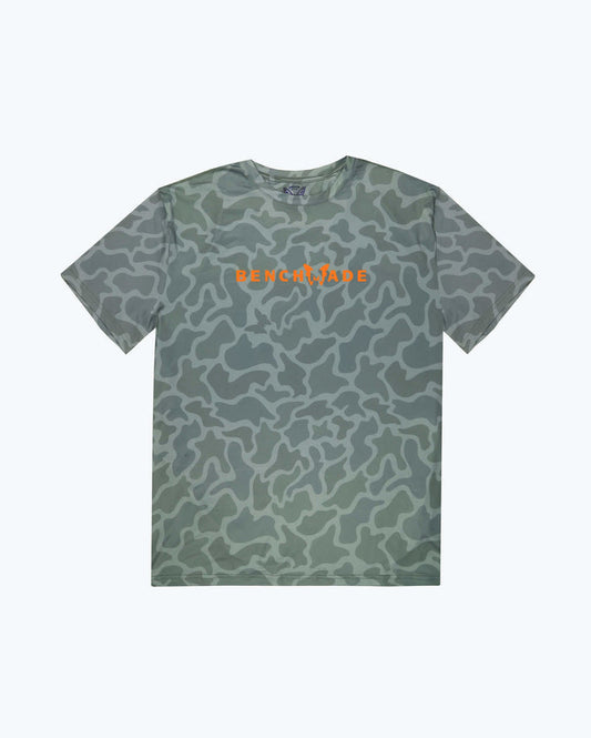 Camo Polyester Butterfly Tech Tee - Front View, Orange Benchmade Wordmark | Benchmade Knife Co.