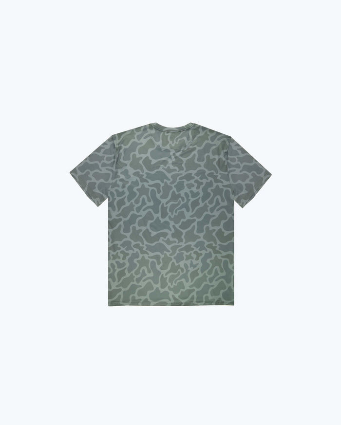 Camo Tech Tee Close-Up, Orange Benchmade Wordmark Fabric Detail | Benchmade Knife Co.