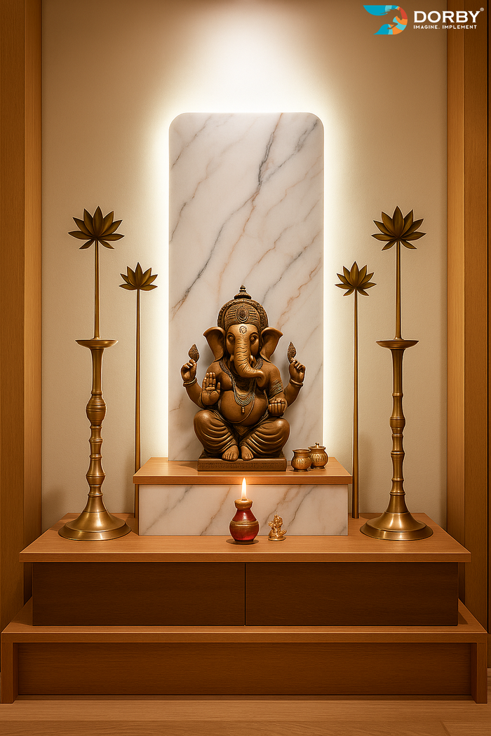 Pooja room with a deity statue, brass lamps, and marble panel on a wooden shelf.