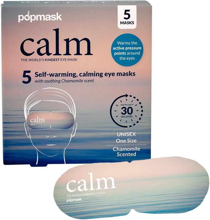 Calm Self Warming Pressure Point Eye Mask - Single | Popmask with soothing chamomile scent, designed for self-warming pressure point relief and calming eye comfort, unisex one size.