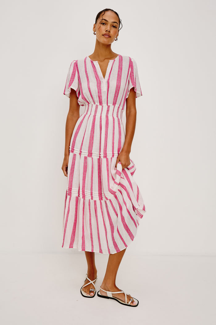 Cannes Midi Dress in Linen With Front Placket, Short Sleeves, and Smocked Elastic Waist in Delfine Stripe Colorway - Full Body Front View Featured on Model