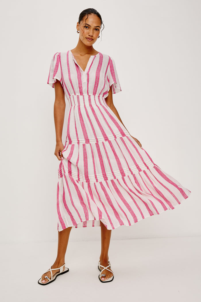 Cannes Midi Dress in Linen With Front Placket, Short Sleeves, and Smocked Elastic Waist in Delfine Stripe Colorway - Full Body Front View Featured on Model