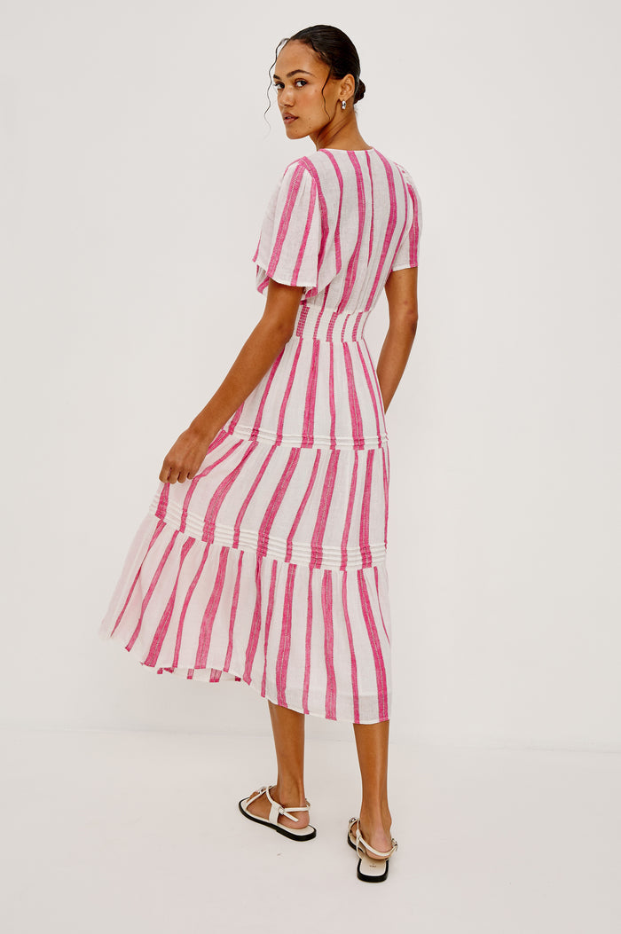 Cannes Midi Dress in Linen With Front Placket, Short Sleeves, and Smocked Elastic Waist in Delfine Stripe Colorway - Full Body Back View Featured on Model