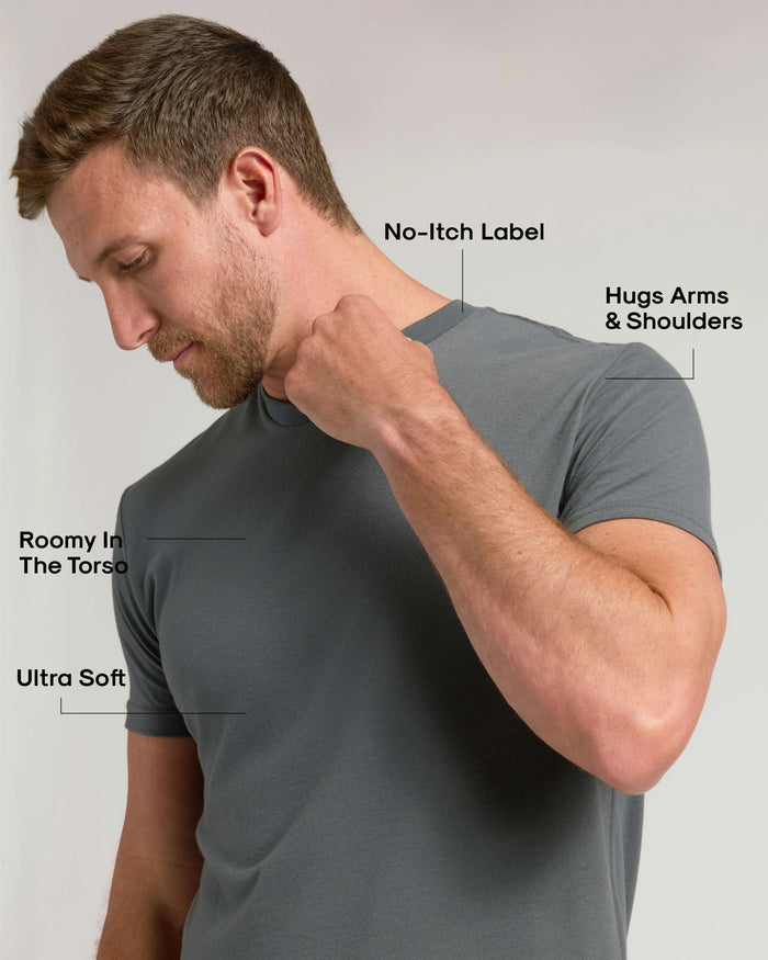Man wearing Classic Crews 10-Pack T-shirt, highlighting fit and comfort features.