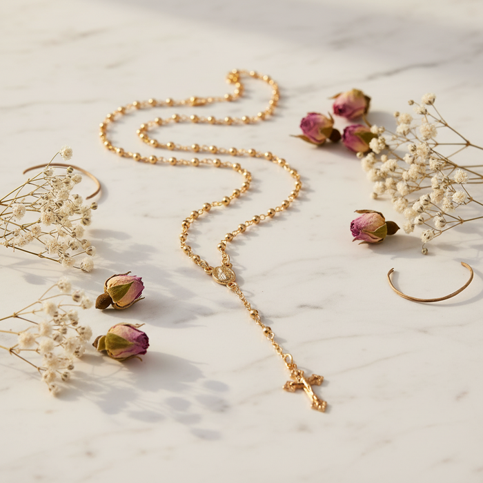 Catholic Rosary Necklace Set - 12-Piece Dozen Pack with Cross Crucifix & Miraculous Centerpiece, Gold & Silver Plated Metallic Prayer Beads with Individual Gift Cases (YNK-2465)