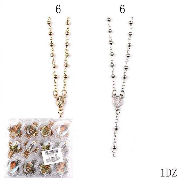 Catholic Rosary Necklace Set - 12-Piece Dozen Pack with Cross Crucifix & Miraculous Centerpiece, Gold & Silver Plated Metallic Prayer Beads with Individual Gift Cases (YNK-2465)