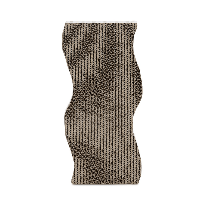 Top view of wave shaped corrugated cardboard scratcher on a white background.