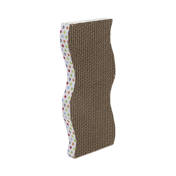 Side view wave shaped corrugated cardboard scratcher with spotty details around the outside on a white background.