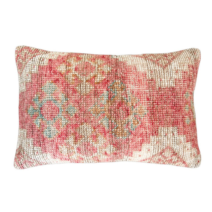 Handmade Turkish oushak pillow cover made with vintage rugs 16x24 beige and pink