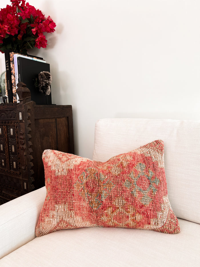 Handmade Turkish oushak pillow cover made with vintage rugs 16x24 beige and pink