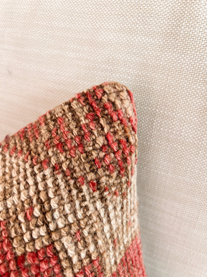 Handmade Turkish oushak pillow cover made with vintage rugs 16x24 beige and pink