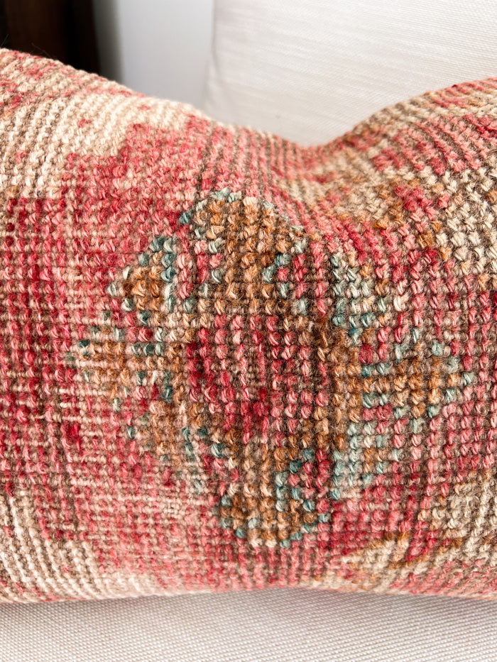 Handmade Turkish oushak pillow cover made with vintage rugs 16x24 beige and pink