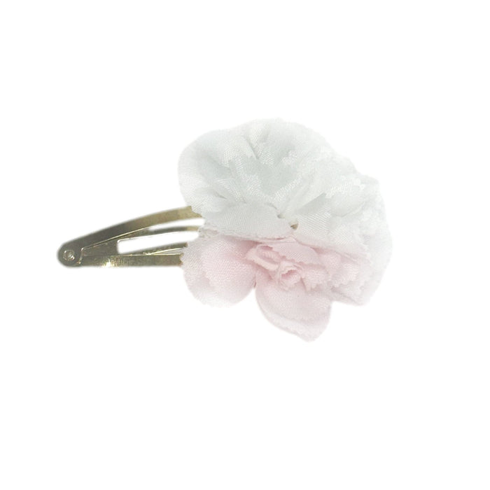 Cherry Blossom white and pink hair clip with layered floral design, soft pastel flower accessory for girls hair styling