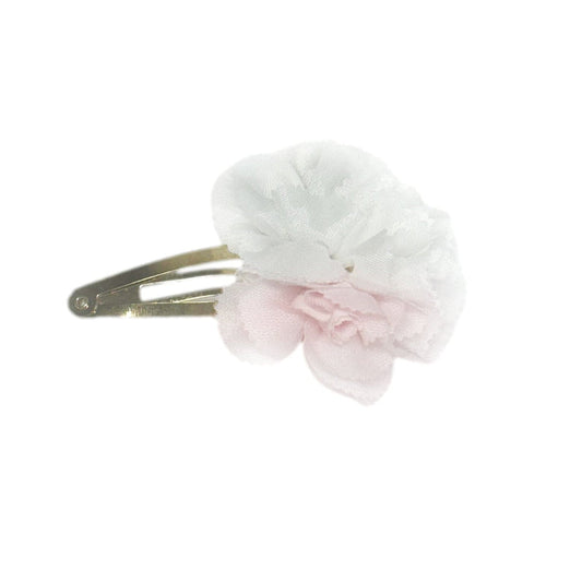 Cherry Blossom white and pink hair clip with layered floral design, soft pastel flower accessory for girls hair styling