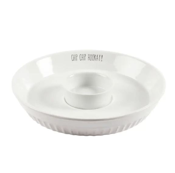 White ceramic Chip platter with Dip holder in the center. Platter has the text "CHIP CHIP HOORAY" printed on the interior side.