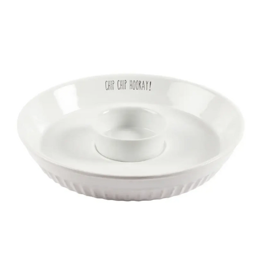 White ceramic Chip platter with Dip holder in the center. Platter has the text "CHIP CHIP HOORAY" printed on the interior side.