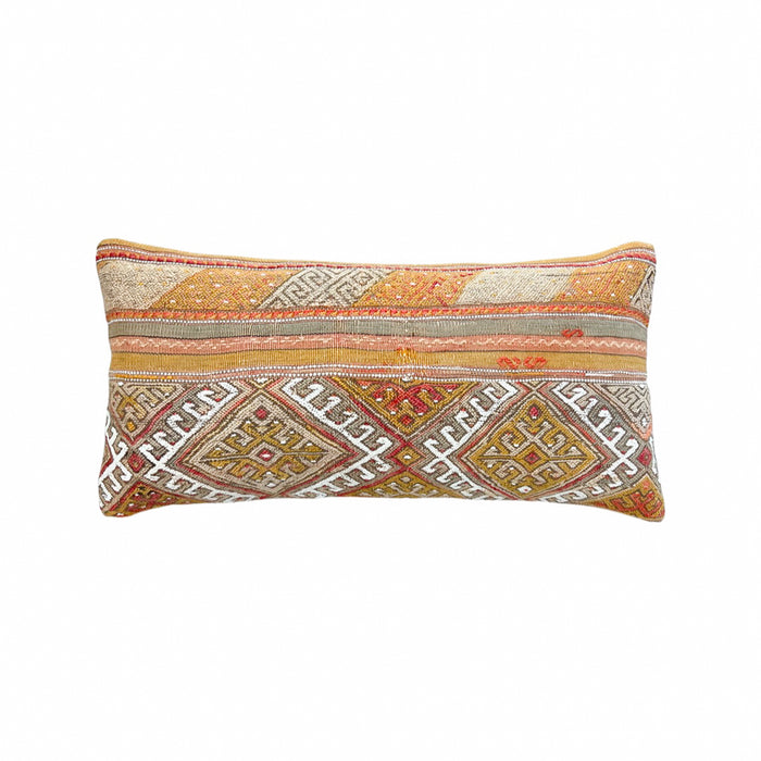 traditional Handmade Turkish kilim pillow cover made with vintage rugs 12x24 yellow red white scandanavian design