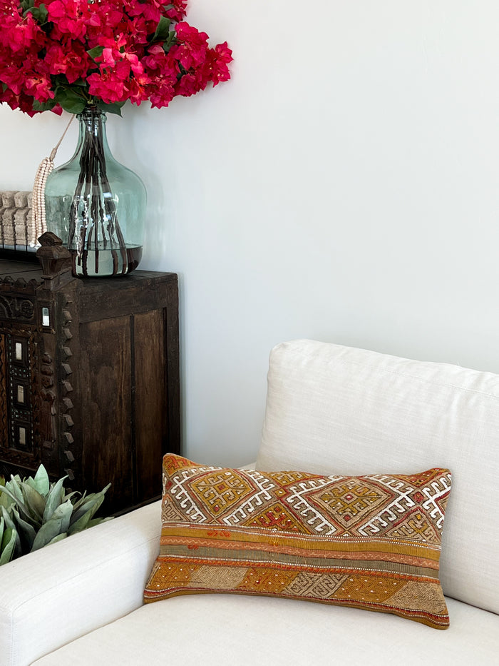 traditional Handmade Turkish kilim pillow cover made with vintage rugs 12x24 yellow red white scandanavian design
