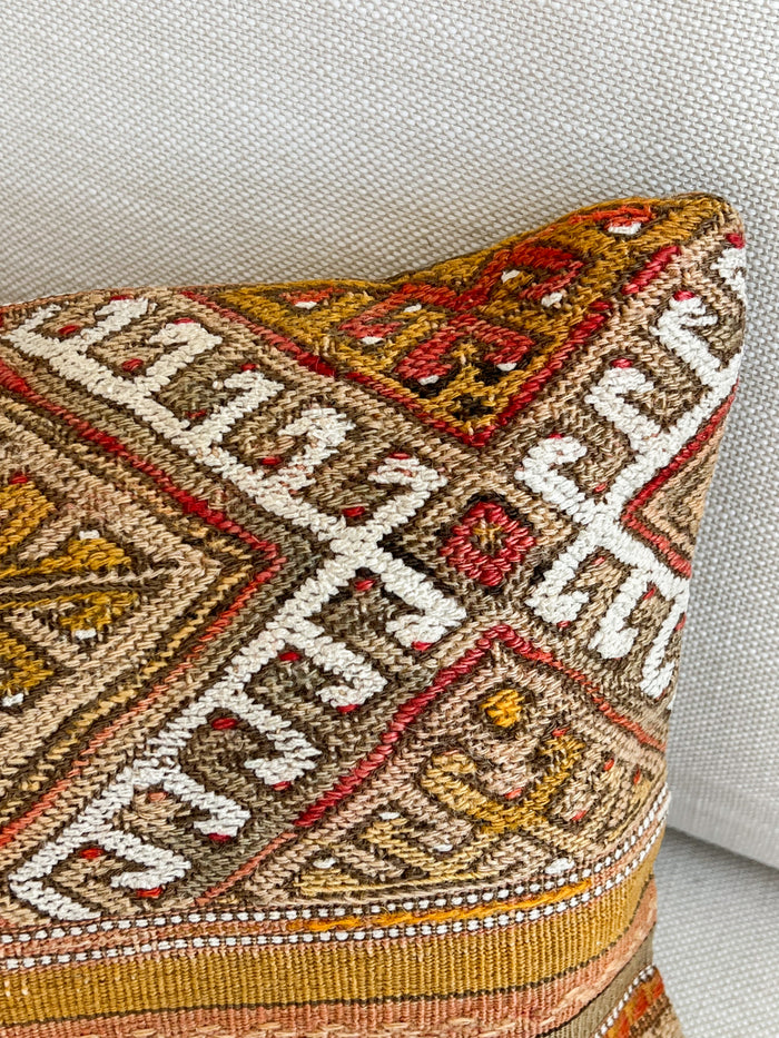 traditional Handmade Turkish kilim pillow cover made with vintage rugs 12x24 yellow red white scandanavian design