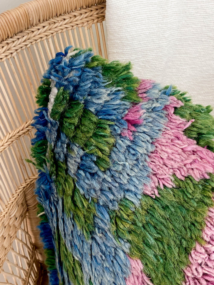 Circus Festival turkish rug pillow cover made with vintage blue green purple textiles 20x20