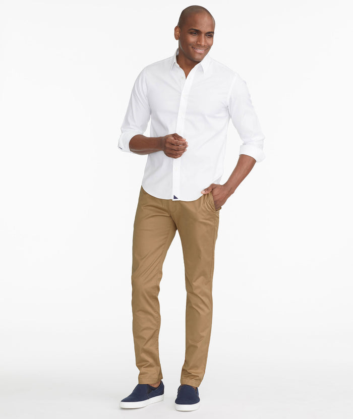 Model wearing a Tan Chino Pants