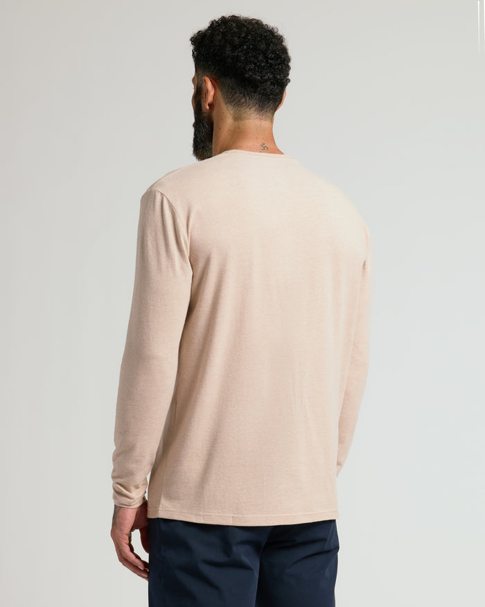 Man in Classic Henley 2-Pack shirt, back view, showcasing fit.