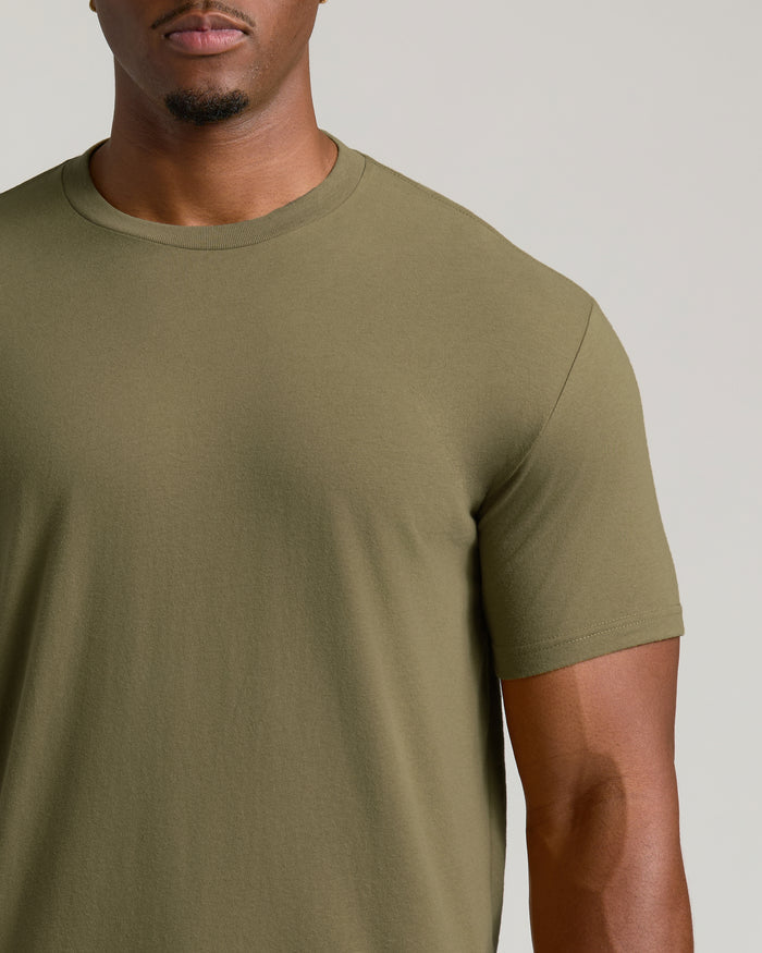 Classic Tall Straight Hem Crew Neck T-Shirt, olive-green, short sleeves, close-up.