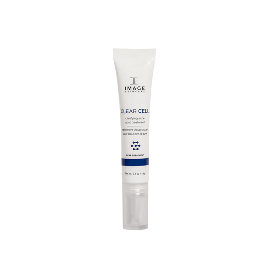 Tube of CLEAR CELL clarifying acne spot treatment | IMAGE Skincare featuring a white and blue design, intended for targeted acne skincare use.