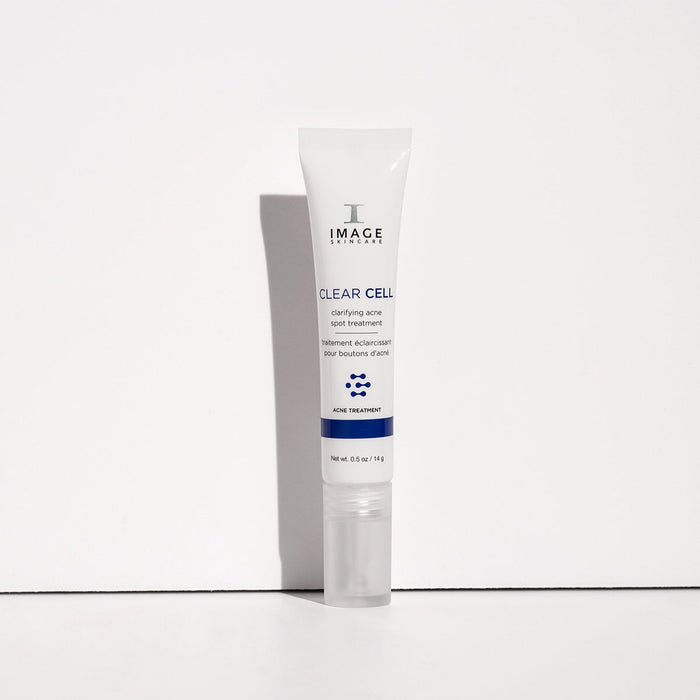 CLEAR CELL clarifying acne spot treatment | IMAGE Skincare in a white tube with blue accents, designed for targeted acne care and blemish reduction.