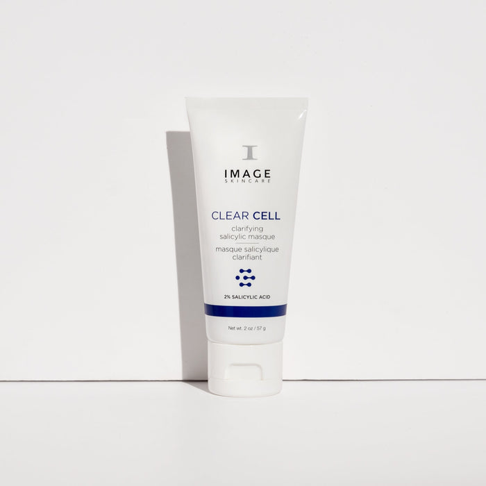 CLEAR CELL clarifying salicylic masque | IMAGE Skincare in a white tube with blue accents, a skincare product designed for clarifying skin with 2% salicylic acid.