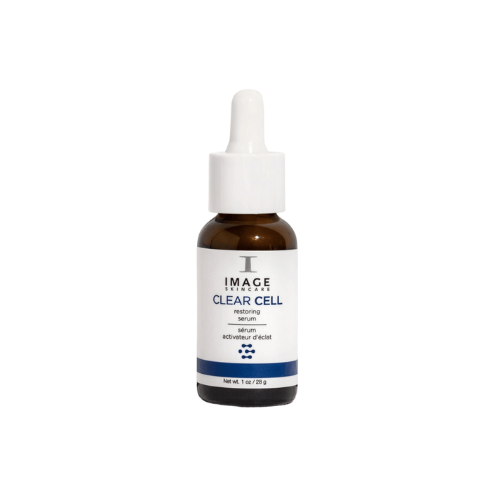 CLEAR CELL Restoring Serum | IMAGE Skincare in a brown glass dropper bottle, designed for targeted skincare and facial treatment to promote clear, radiant skin.