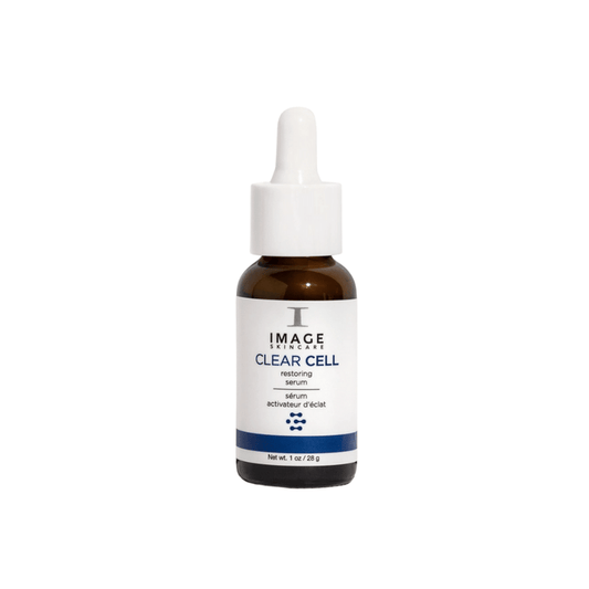 CLEAR CELL Restoring Serum | IMAGE Skincare in a brown glass dropper bottle, designed for targeted skincare and facial treatment to promote clear, radiant skin.