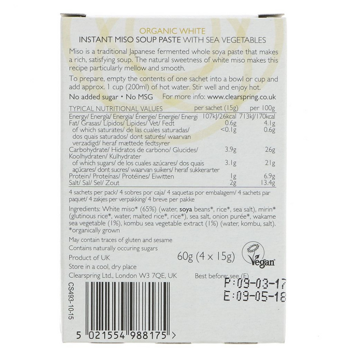 Clearspring Organic Japanese White Miso Instant Soup Paste 4 x 15g