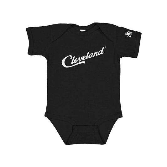 Black short-sleeve bodysuit for infants with 'Cleveland' written across the front in white script, with a small logo on the upper left sleeve.