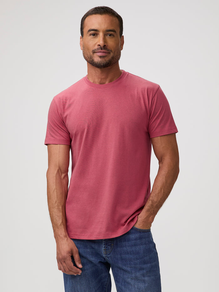 Chad is 6'1" and wears a size M  # Coral  Crew Neck T-Shirts for Men | Premium Basics for Everyday Wear