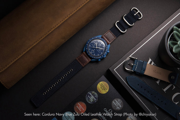 vario cordura oiled leather watch strap on omega swatch moonswatch