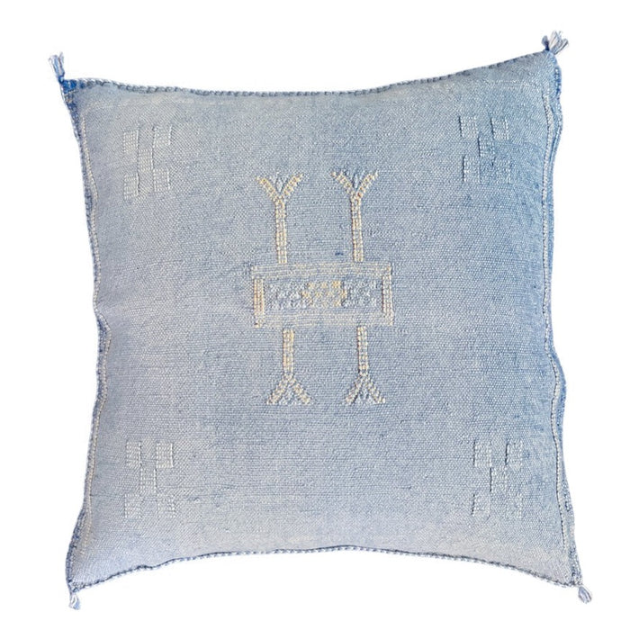 Artisanal Handmade Moroccan embroidered cactus silk sabra lumbar pillow blue handwoven boho eclectic decor