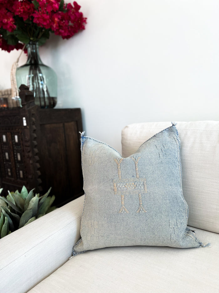 Artisanal Handmade Moroccan embroidered cactus silk sabra lumbar pillow blue handwoven boho eclectic decor
