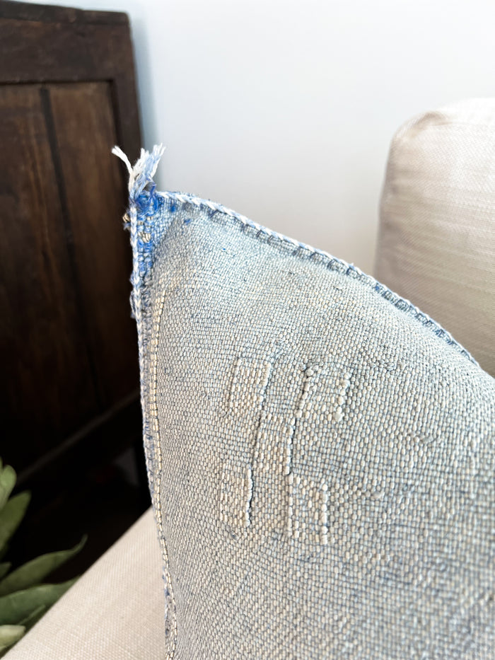 Artisanal Handmade Moroccan embroidered cactus silk sabra lumbar pillow blue handwoven boho eclectic decor