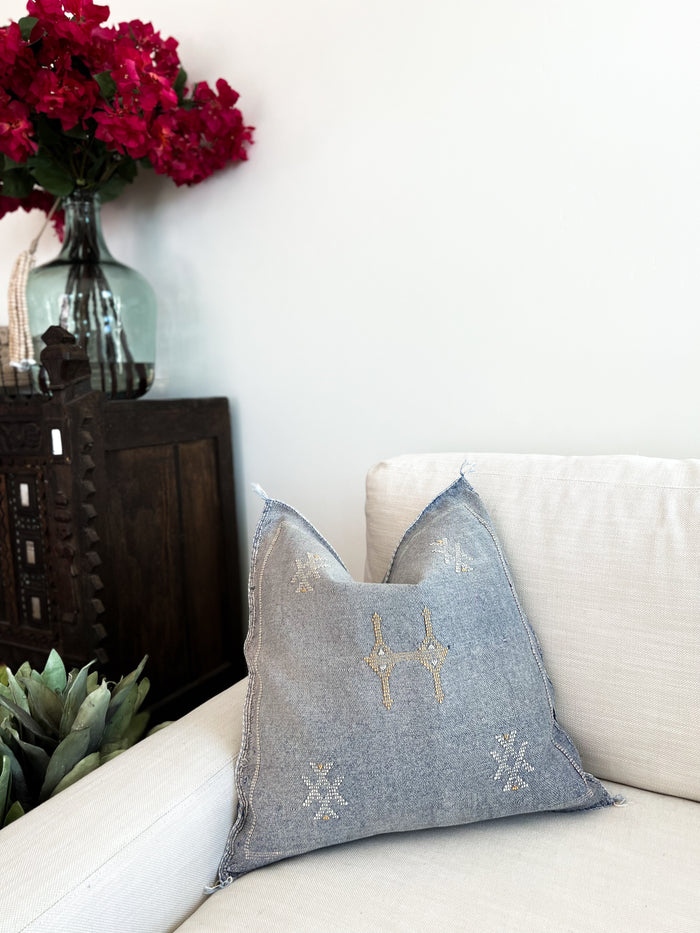 Artisan Handmade Moroccan embroidered cactus silk sabra pillow blue handwoven