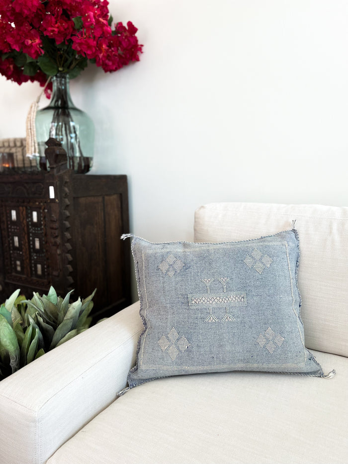 Artisan Handmade Moroccan embroidered cactus silk sabra pillow blue handwoven