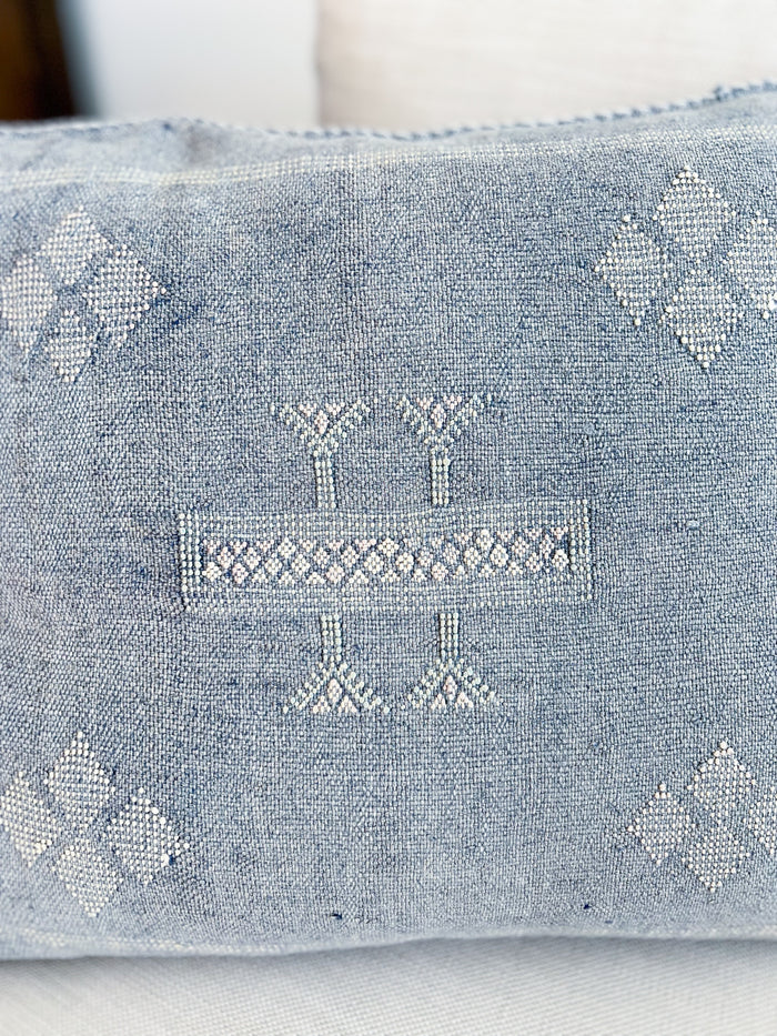 Artisan Handmade Moroccan embroidered cactus silk sabra pillow blue handwoven