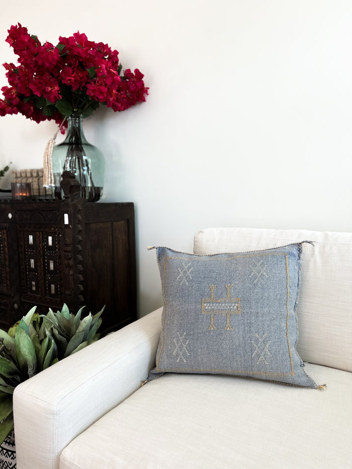 Artisan Handmade Moroccan embroidered cactus silk sabra pillow blue handwoven