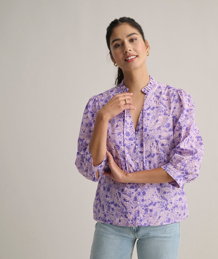 Model is wearing UNTUCKit Charlie shirt in floral print.