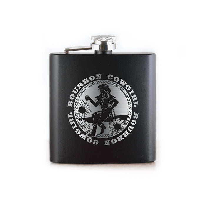 Black flask with Bourbon Cowgirl logo