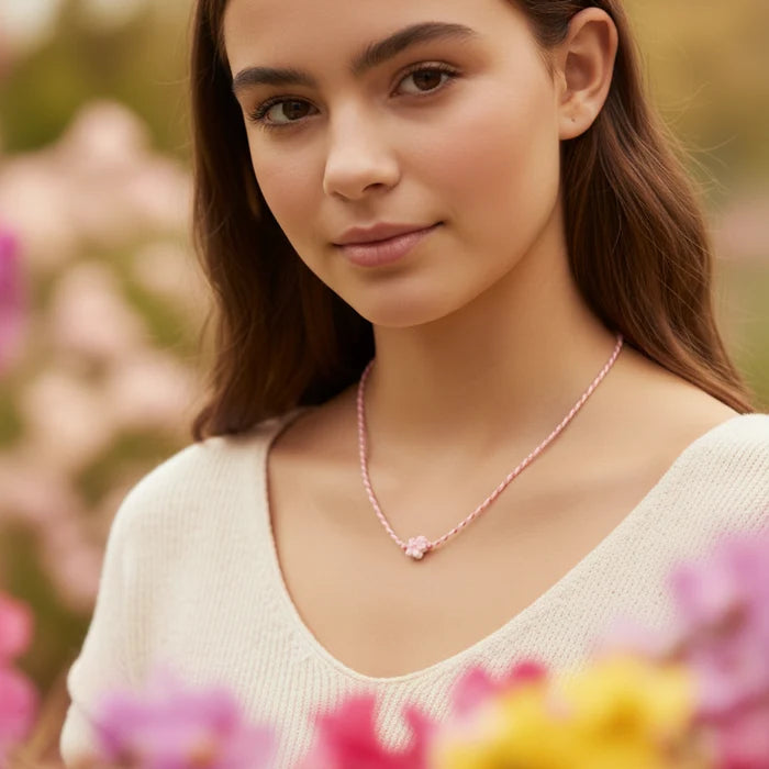 Dainty Hand-Woven Flower Charm Necklace – Minimalist Pastel Braided Cord Jewelry for Women & Teens (NK8583)