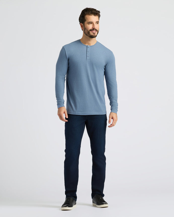 Man modeling Dark Heather Vintage Navy Classic Long Sleeve Henley.