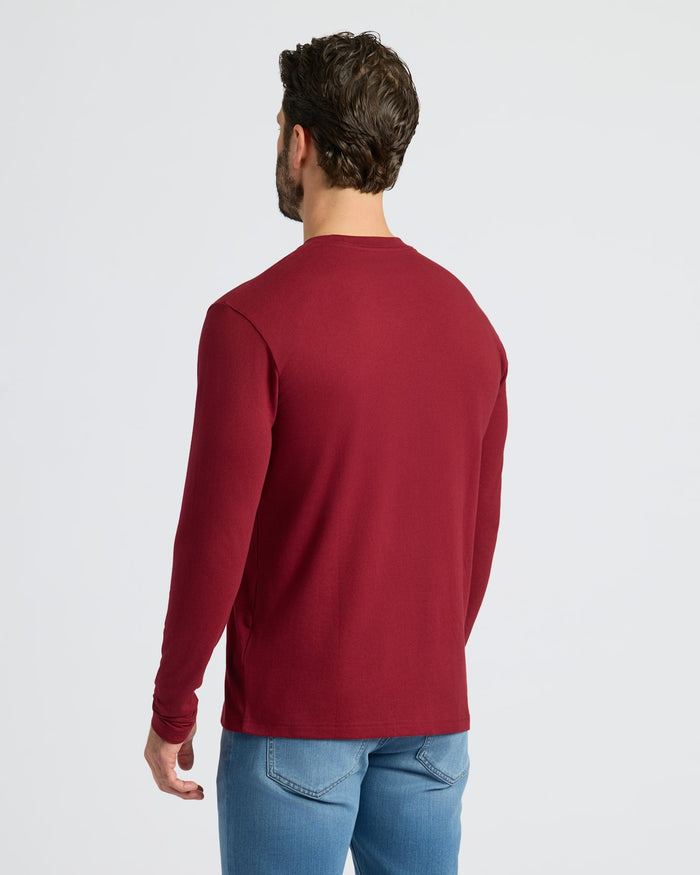 Man wearing Dark Maroon Classic Long Sleeve Crew Neck with jeans.